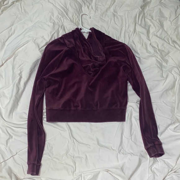 Medium Forever 21 Velvet Maroon Cropped Sweater With Hood - Picture 2 of 2